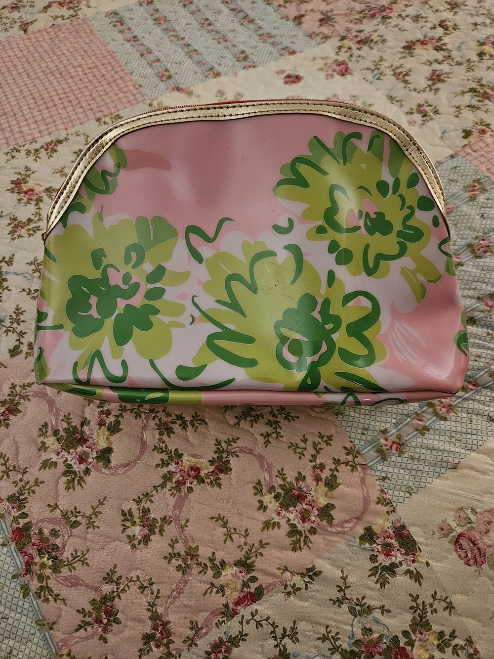 Lilly Pulitzer Pink Floral Vinyl Cosmetic Case with Gold Trim - Picture 2 of 7